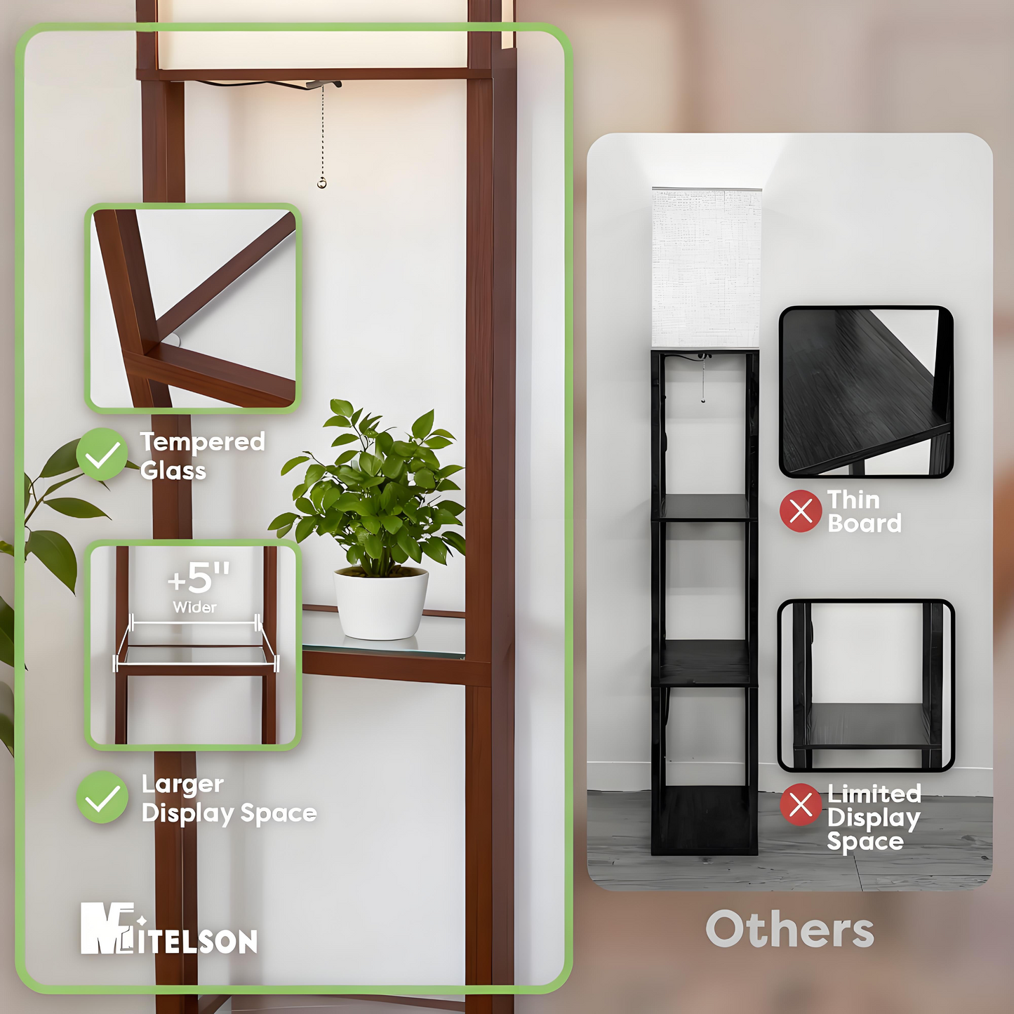 Tall Wooden Shelving Unit with Tempered Glass Shelves and Integrated Lamp