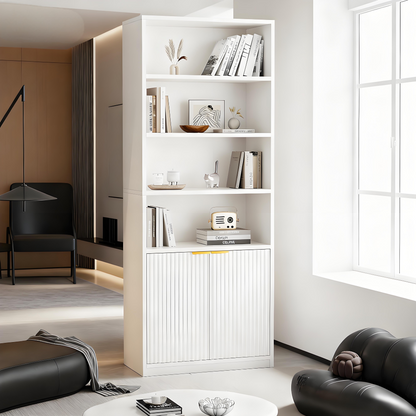 Modern White Bookcase with Fluted Doors and Anti-Tip Device