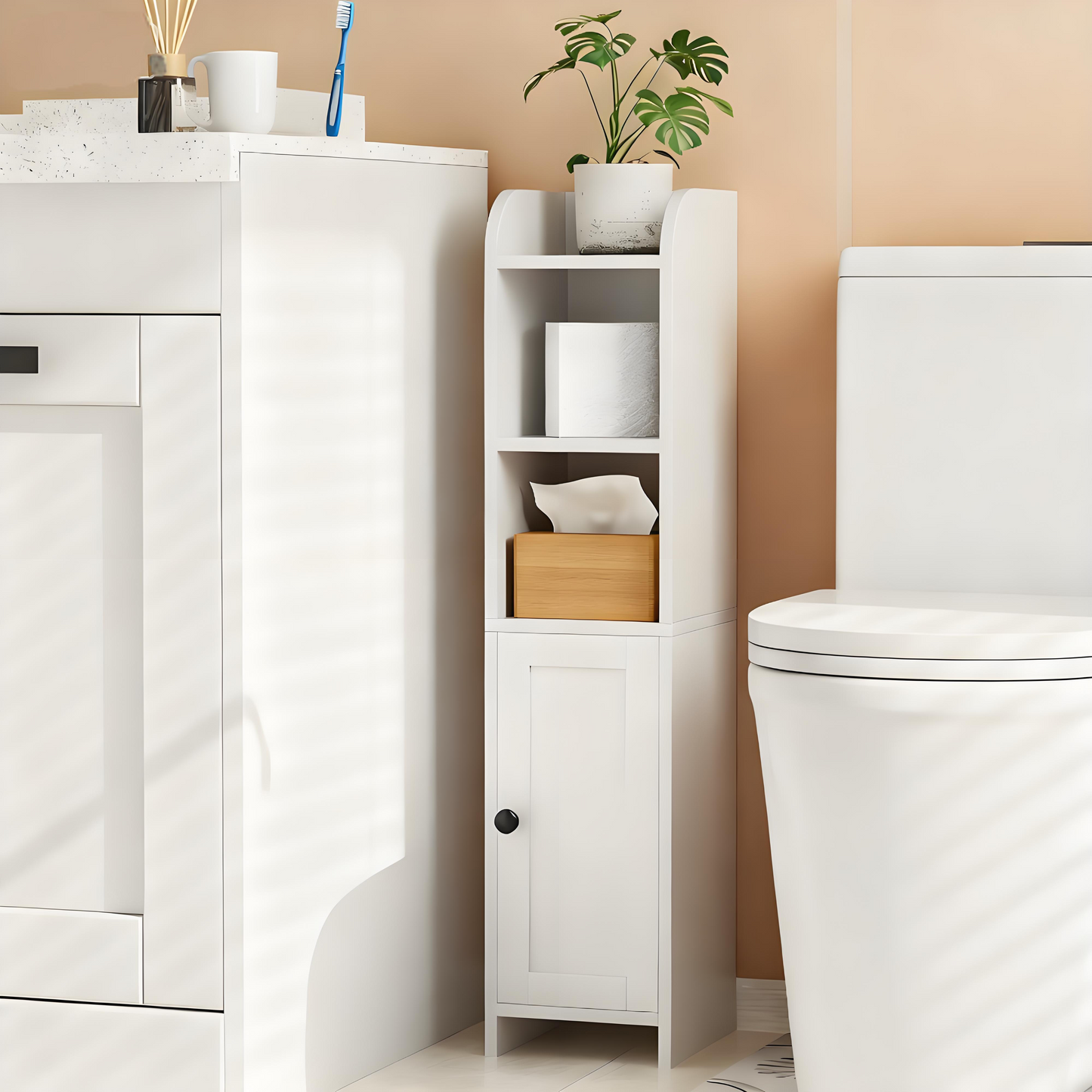 Narrow Bathroom Storage Cabinet with Adjustable Door and Multiple Shelves