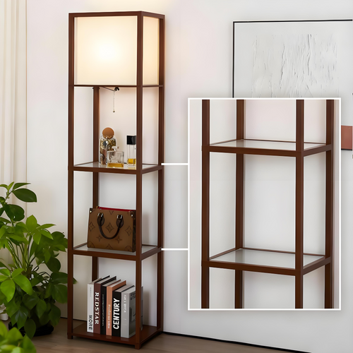 Tall Wooden Shelving Unit with Tempered Glass Shelves and Integrated Lamp