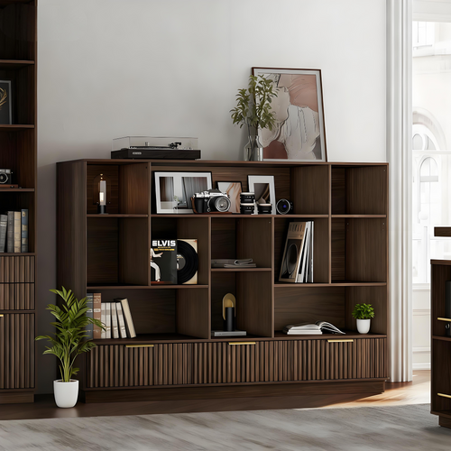 Modern Walnut Bookshelf with Fluted Drawers and Customizable Storage