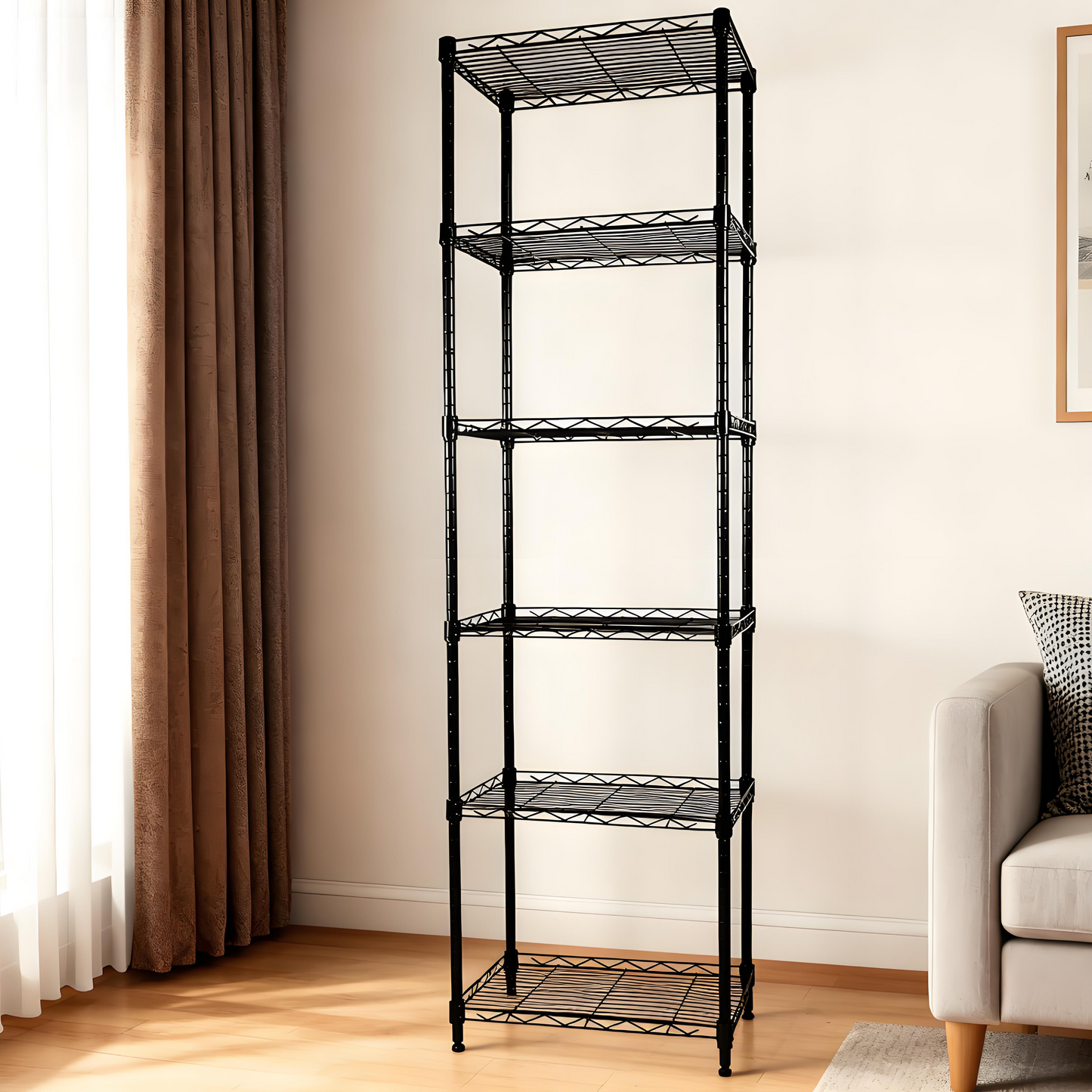 6-Tier Black Metal Wire Shelving Unit with Adjustable Shelves