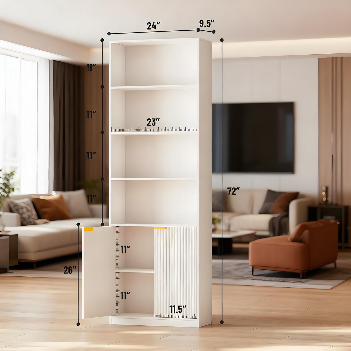 Modern White Bookcase with Fluted Doors and Anti-Tip Device