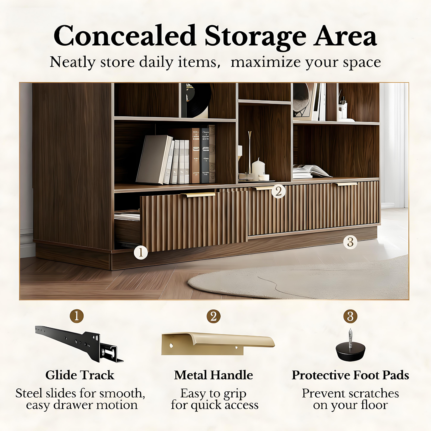 Modern Walnut Bookshelf with Fluted Drawers and Customizable Storage