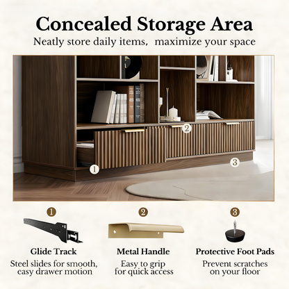 Modern Walnut Bookshelf with Fluted Drawers and Customizable Storage