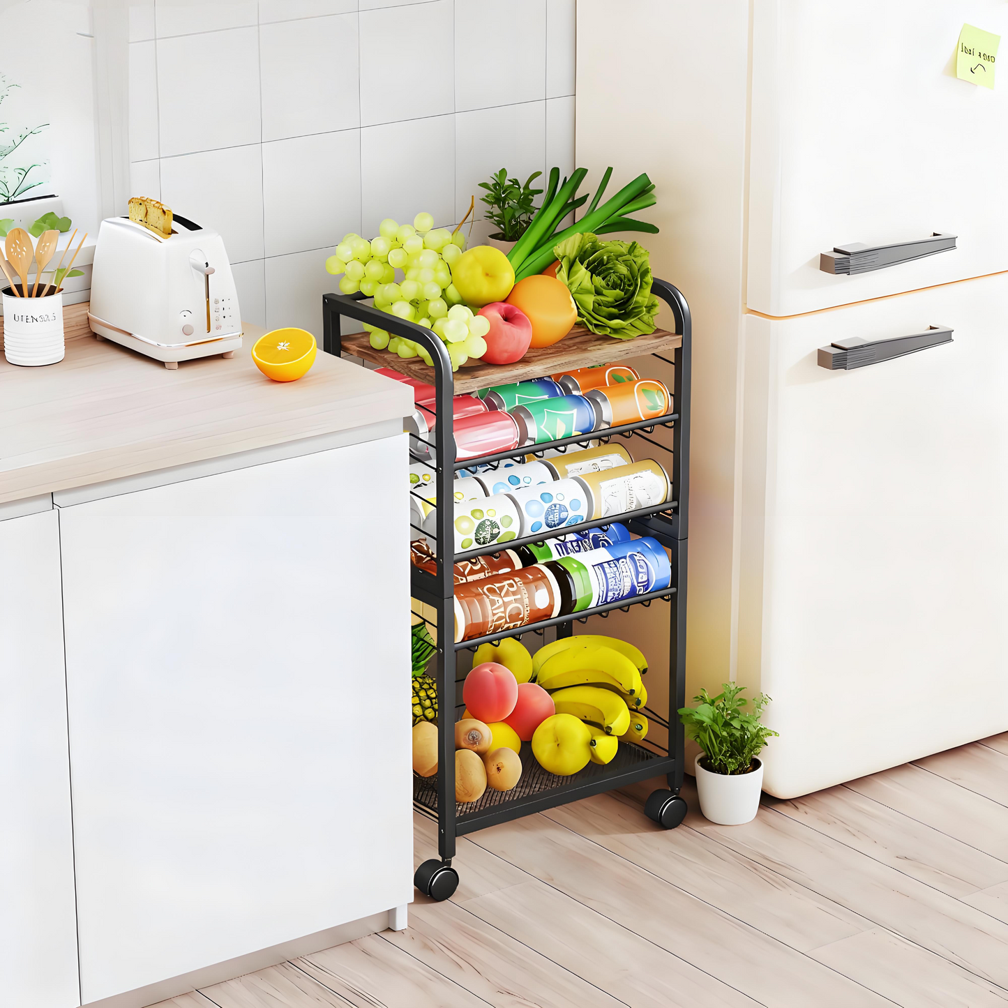 Foldable Kitchen Storage Cart with Wheels and Adjustable Shelves