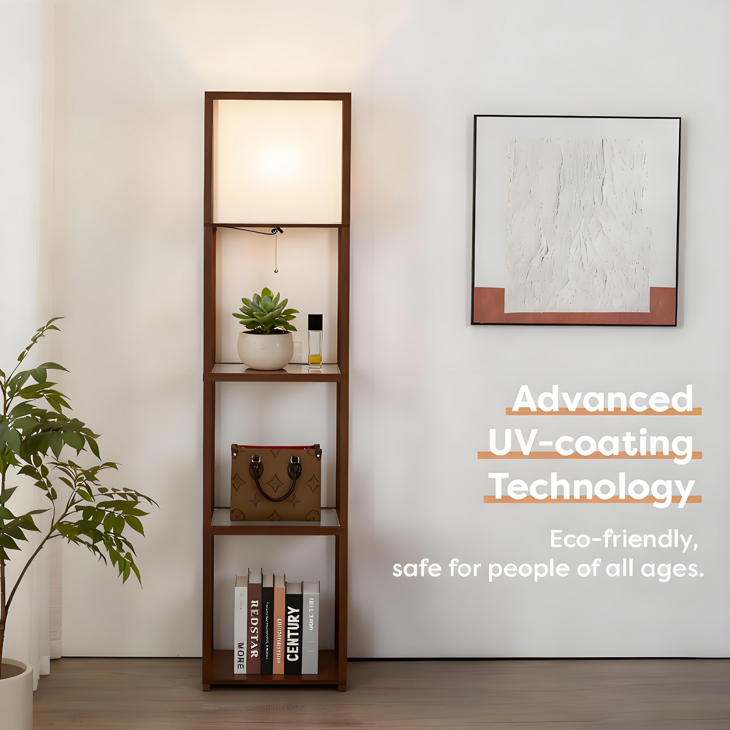 Tall Wooden Shelving Unit with Tempered Glass Shelves and Integrated Lamp