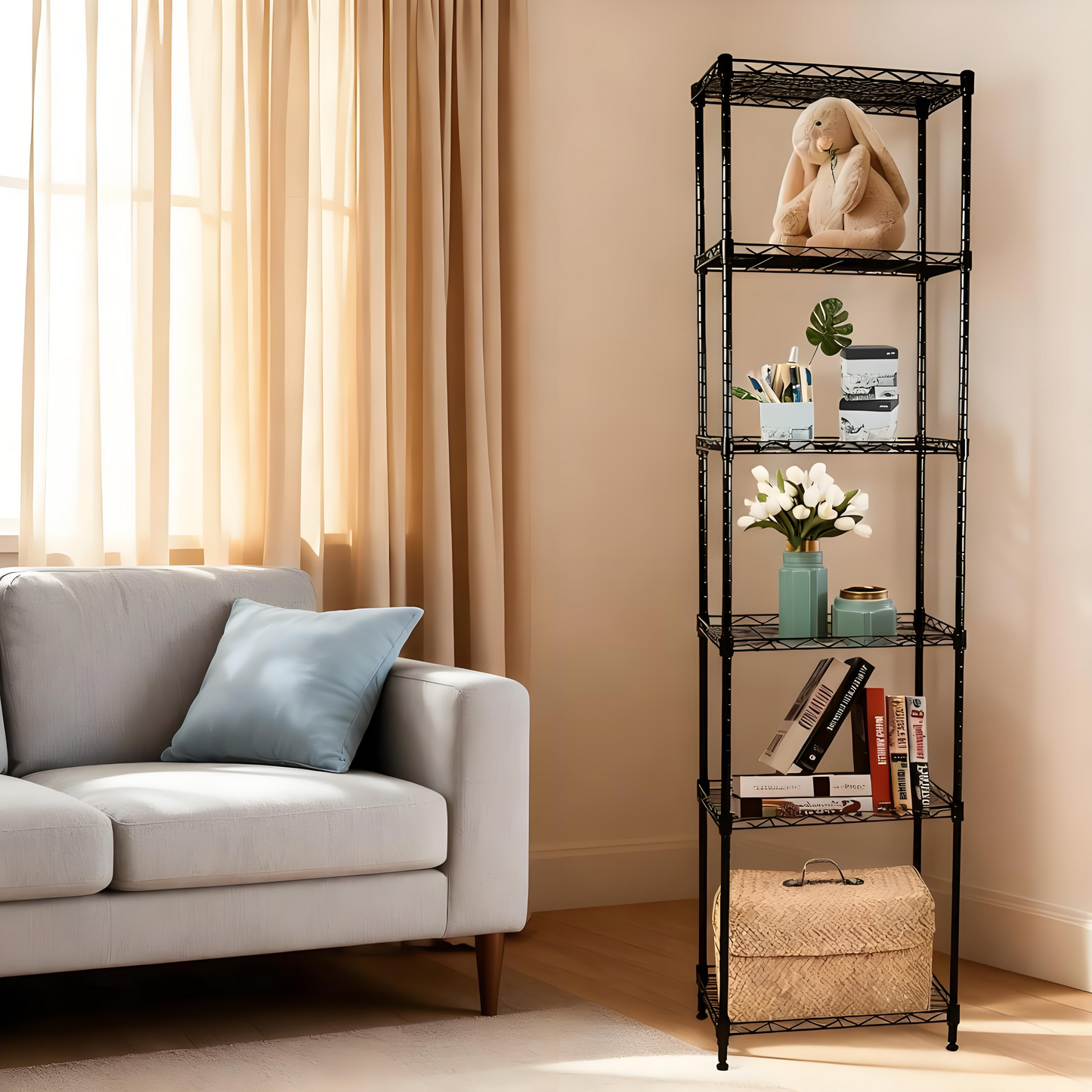 6-Tier Black Metal Wire Shelving Unit with Adjustable Shelves
