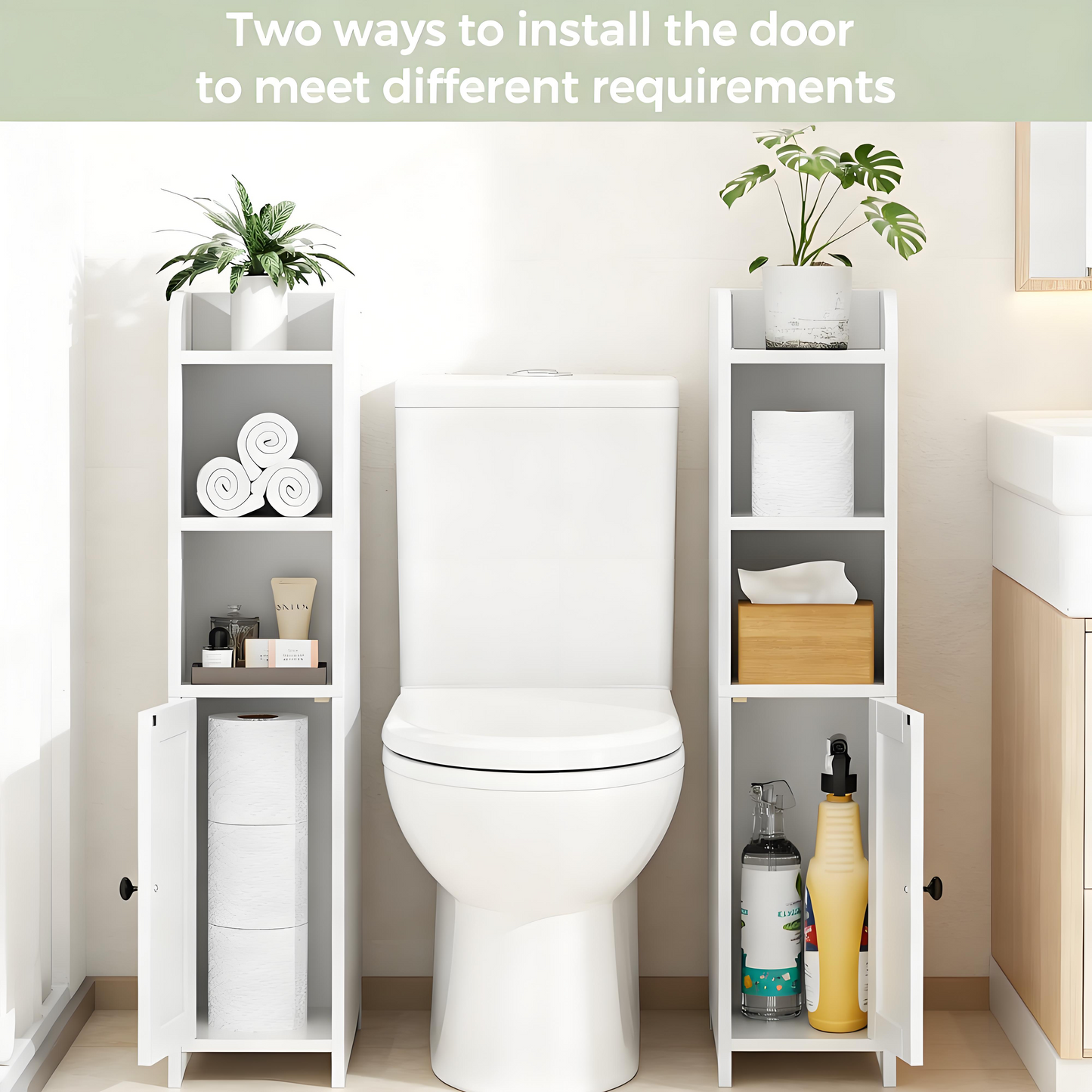 Narrow Bathroom Storage Cabinet with Adjustable Door and Multiple Shelves