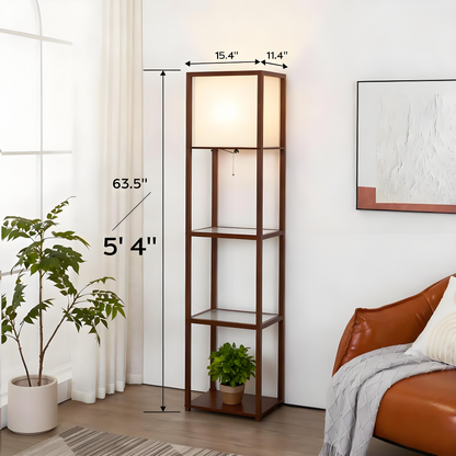 Tall Wooden Shelving Unit with Tempered Glass Shelves and Integrated Lamp