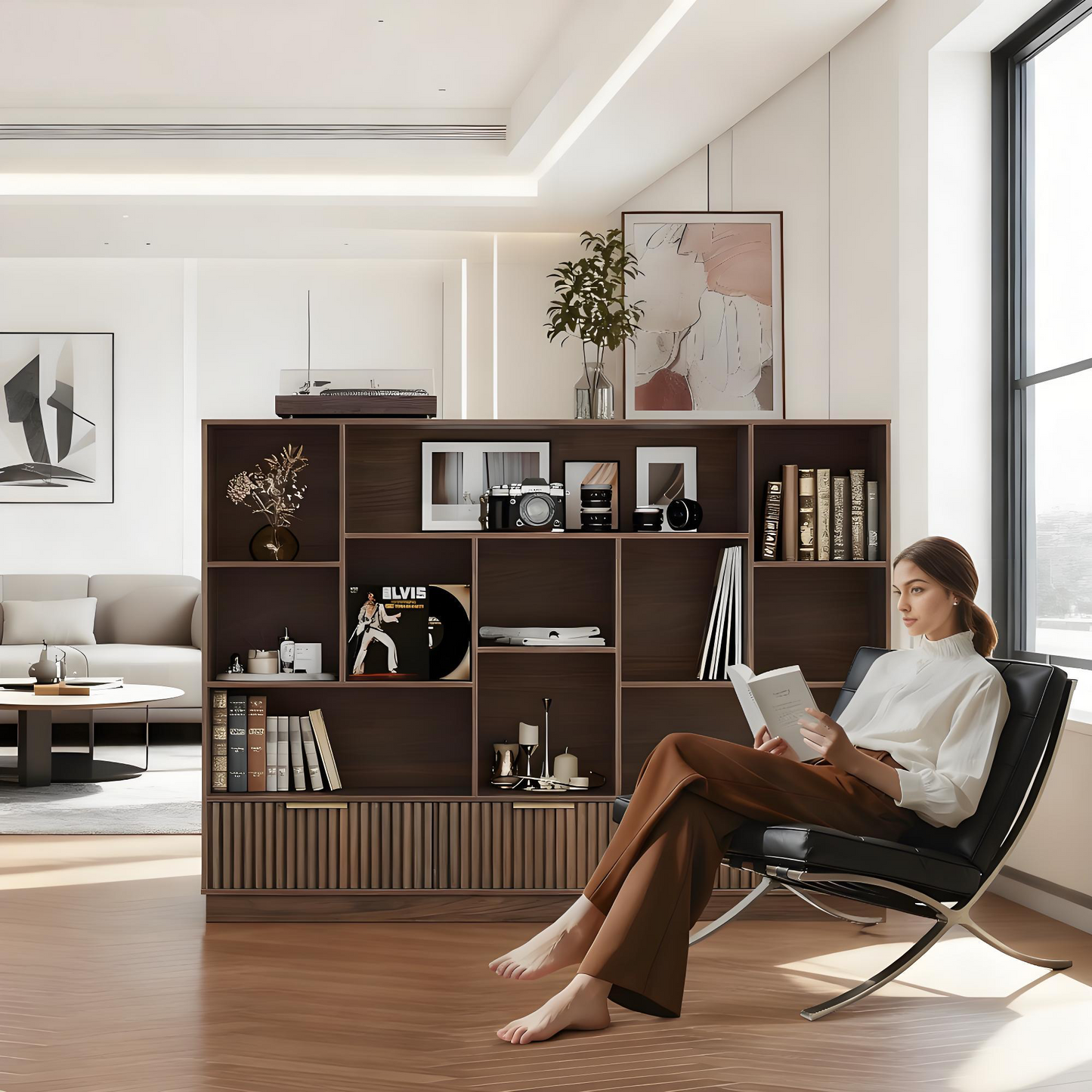 Modern Walnut Bookshelf with Fluted Drawers and Customizable Storage