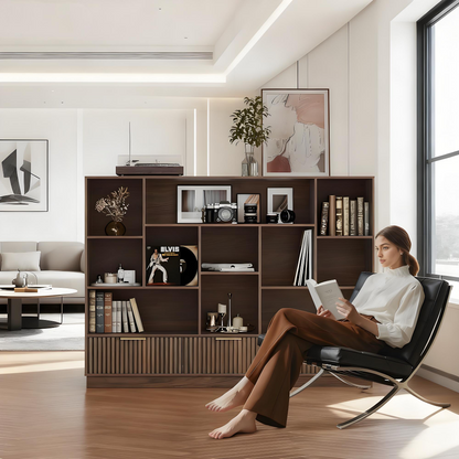 Modern Walnut Bookshelf with Fluted Drawers and Customizable Storage