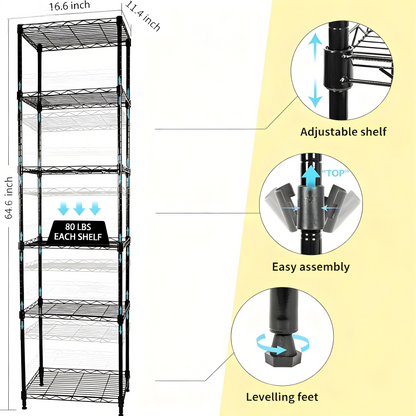 6-Tier Black Metal Wire Shelving Unit with Adjustable Shelves
