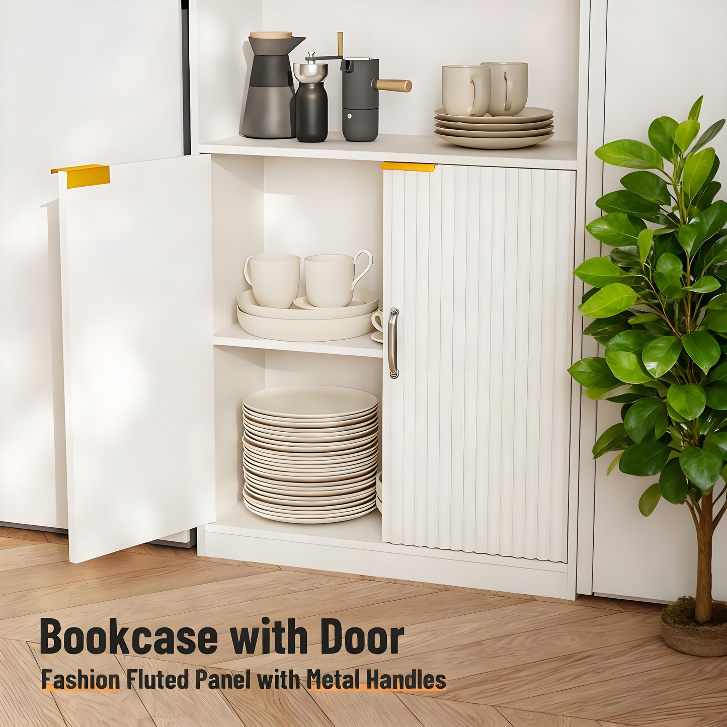 Modern White Bookcase with Fluted Doors and Anti-Tip Device