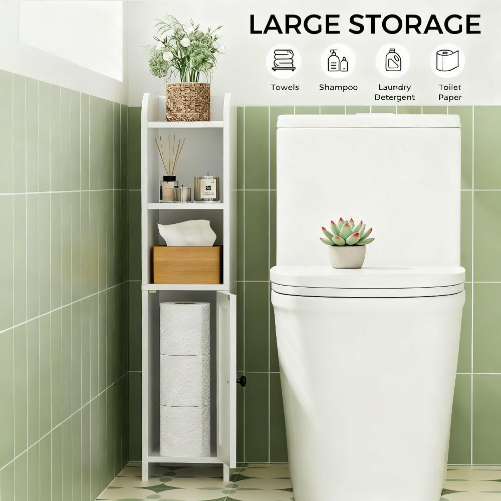 Narrow Bathroom Storage Cabinet with Adjustable Door and Multiple Shelves