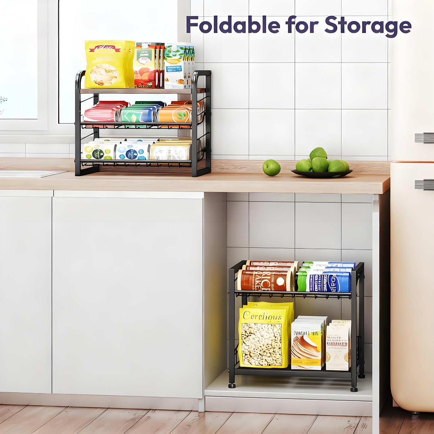 Foldable Kitchen Storage Cart with Wheels and Adjustable Shelves