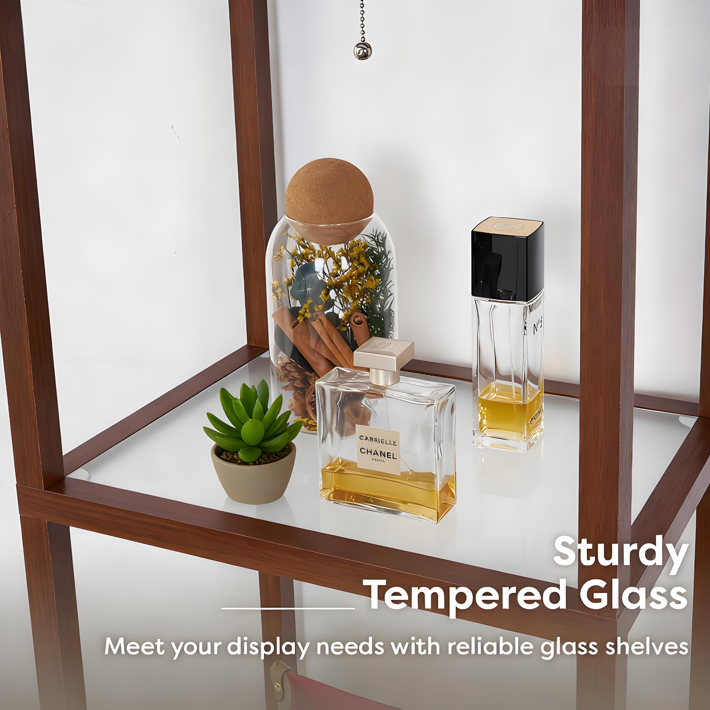 Tall Wooden Shelving Unit with Tempered Glass Shelves and Integrated Lamp