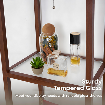 Tall Wooden Shelving Unit with Tempered Glass Shelves and Integrated Lamp