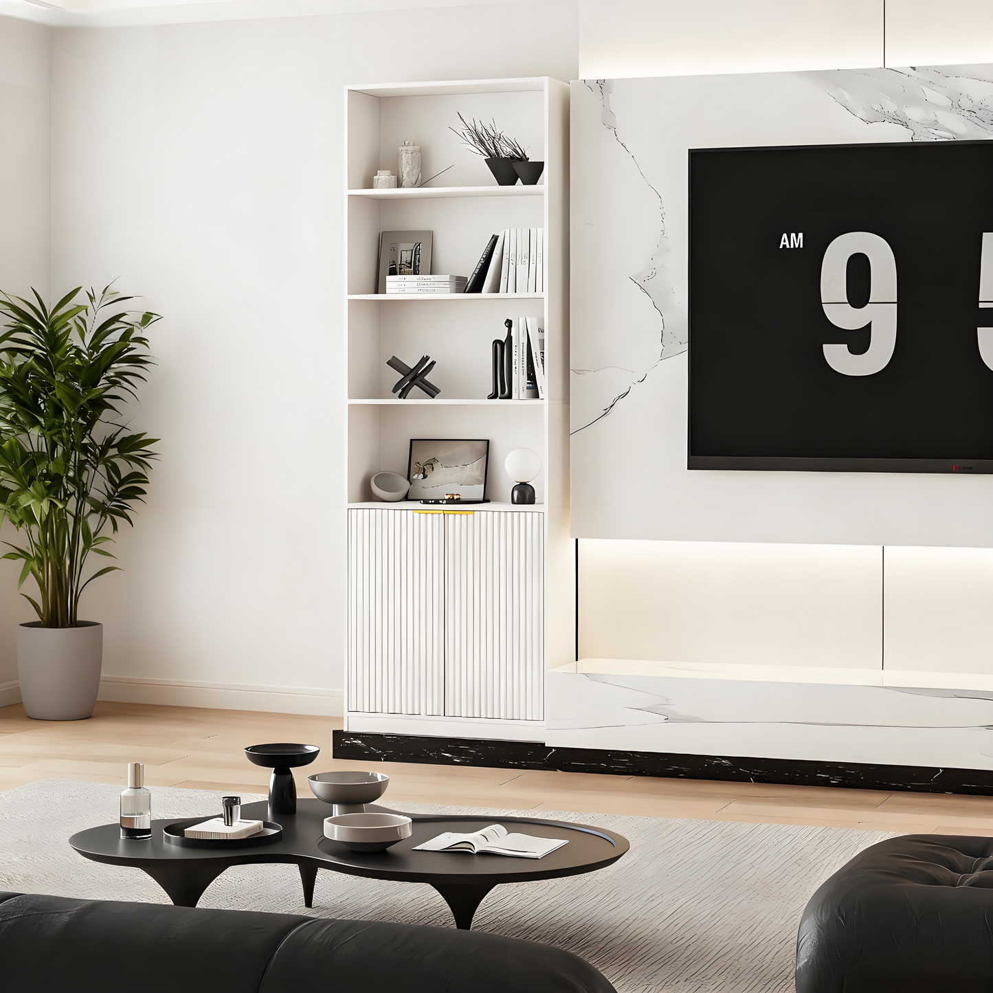 Modern White Bookcase with Fluted Doors and Anti-Tip Device