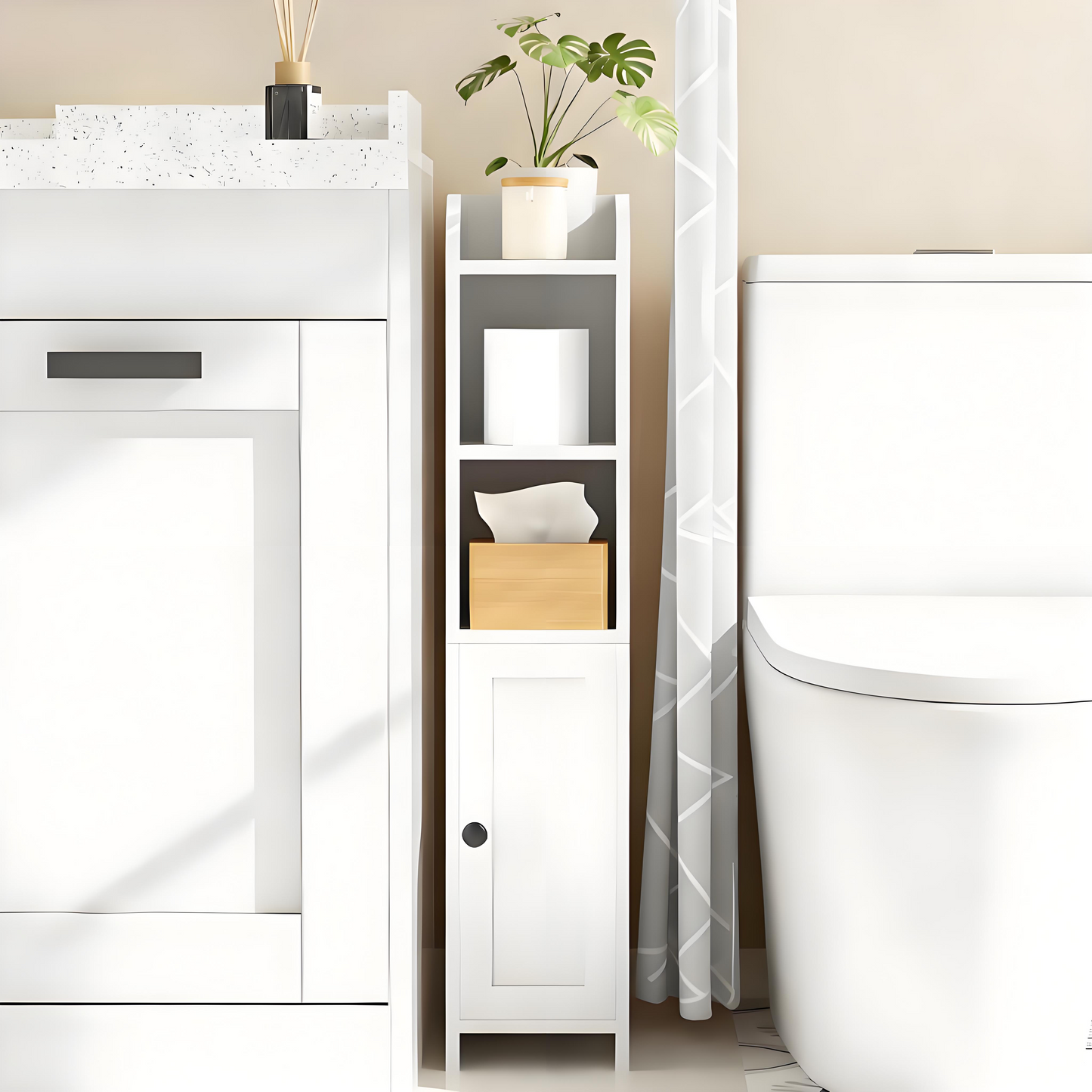 Narrow Bathroom Storage Cabinet with Adjustable Door and Multiple Shelves