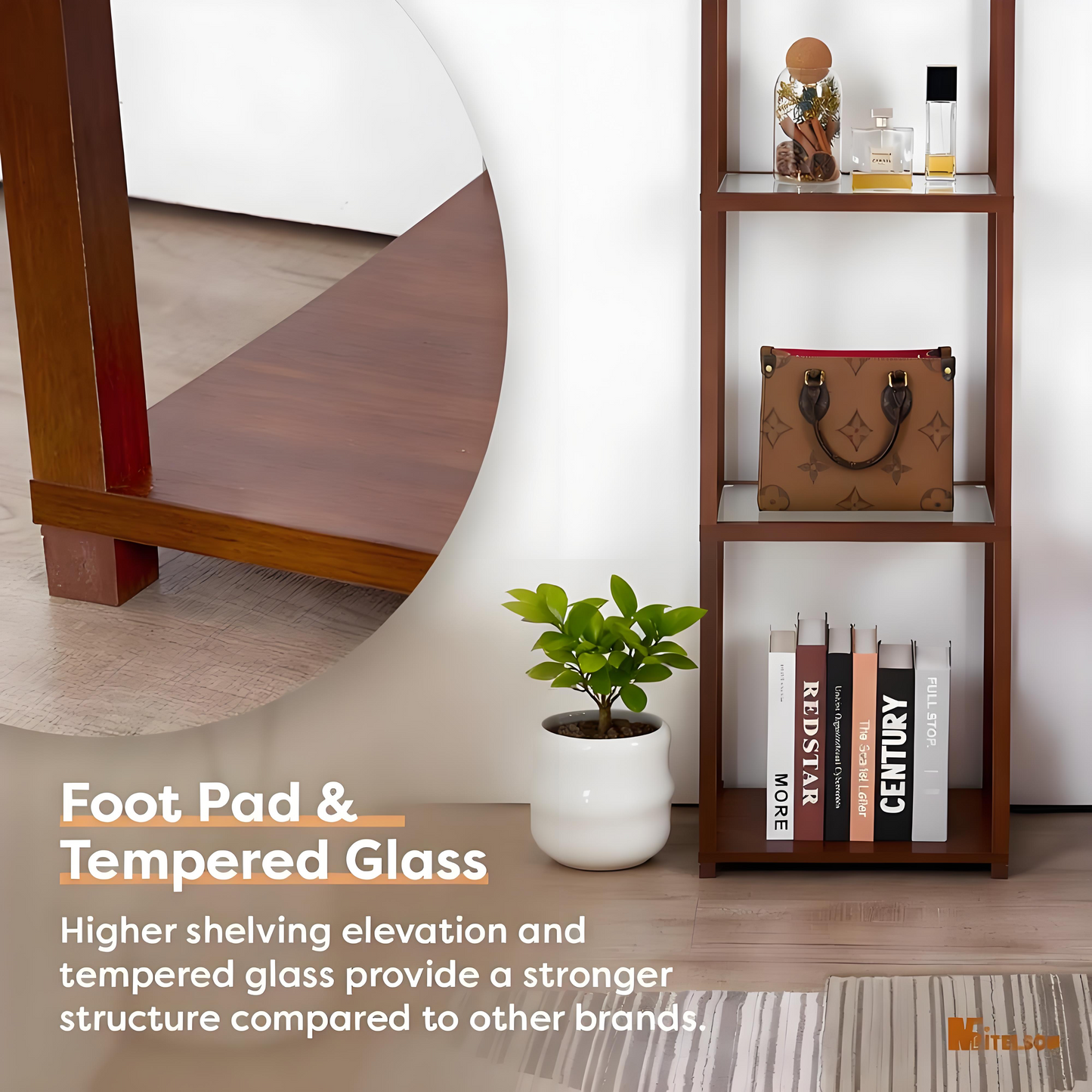 Tall Wooden Shelving Unit with Tempered Glass Shelves and Integrated Lamp