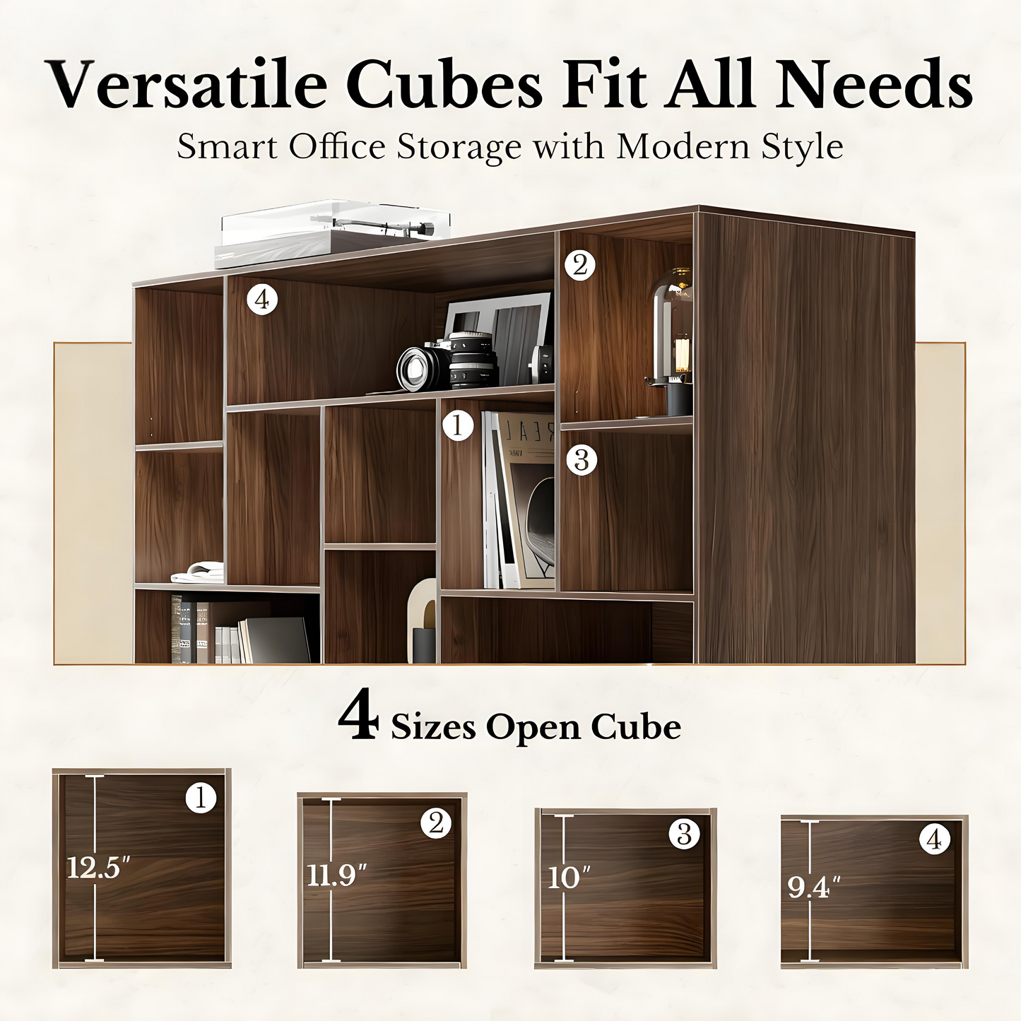 Modern Walnut Bookshelf with Fluted Drawers and Customizable Storage