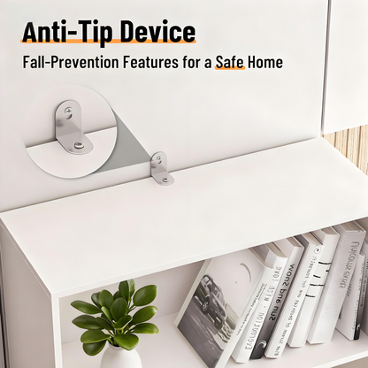 Modern White Bookcase with Fluted Doors and Anti-Tip Device