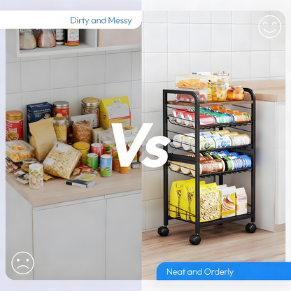 Foldable Kitchen Storage Cart with Wheels and Adjustable Shelves