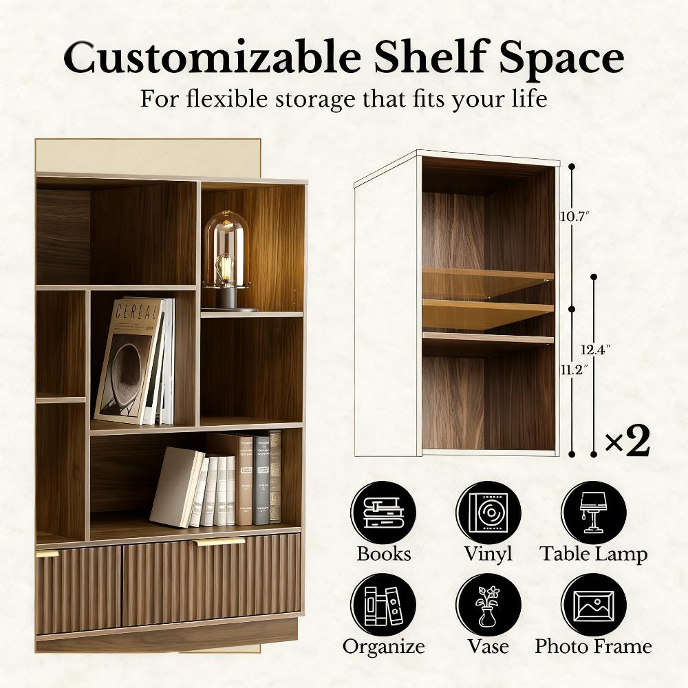 Modern Walnut Bookshelf with Fluted Drawers and Customizable Storage