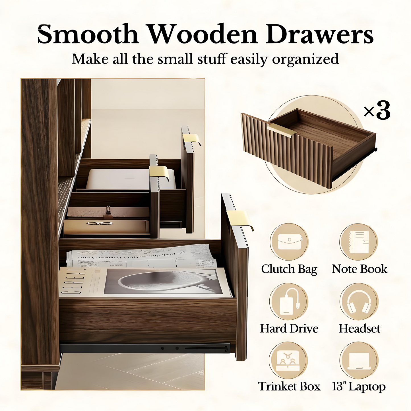 Modern Walnut Bookshelf with Fluted Drawers and Customizable Storage