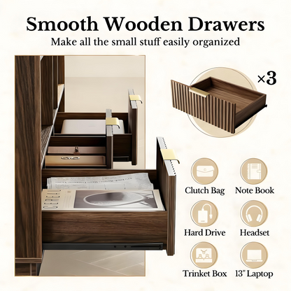 Modern Walnut Bookshelf with Fluted Drawers and Customizable Storage