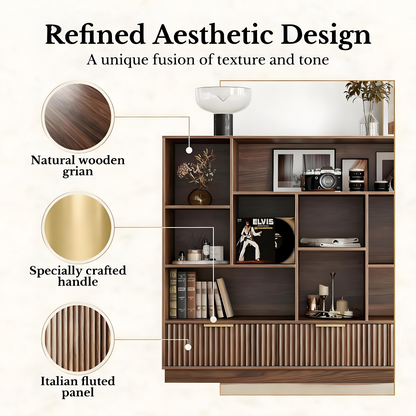 Modern Walnut Bookshelf with Fluted Drawers and Customizable Storage