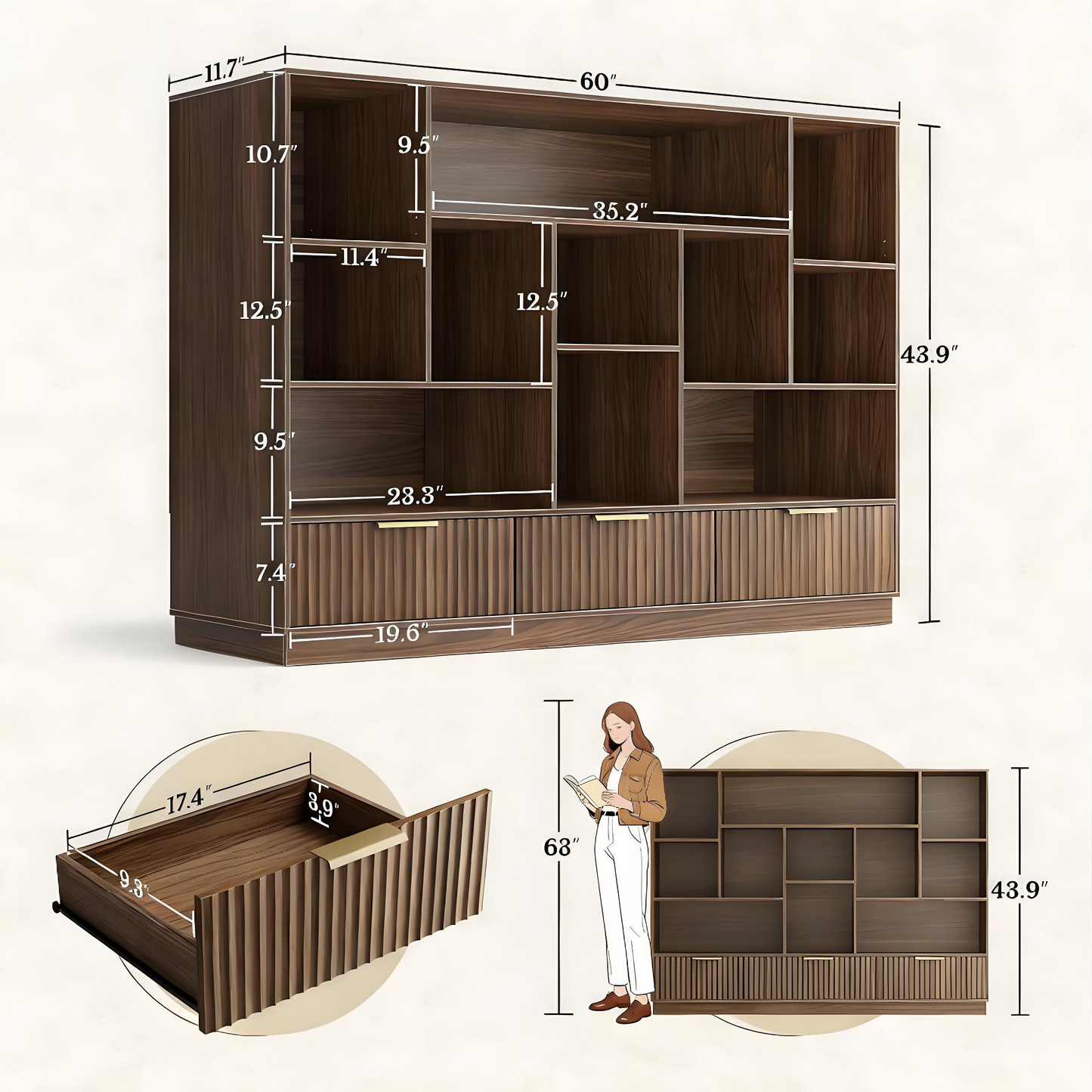 Modern Walnut Bookshelf with Fluted Drawers and Customizable Storage