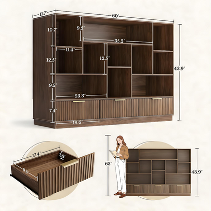 Modern Walnut Bookshelf with Fluted Drawers and Customizable Storage